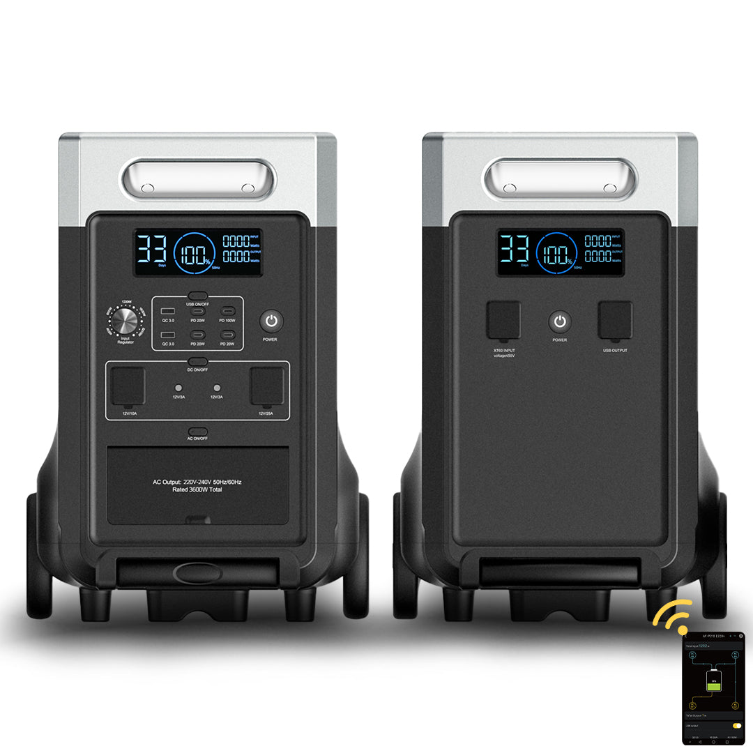 Die AFERIY P310 tragbare Powerstation mit 3600 W und 3840 Wh in Kombination mit einem Erweiterungsakku lässt sich intelligent per Smartphone-App steuern.