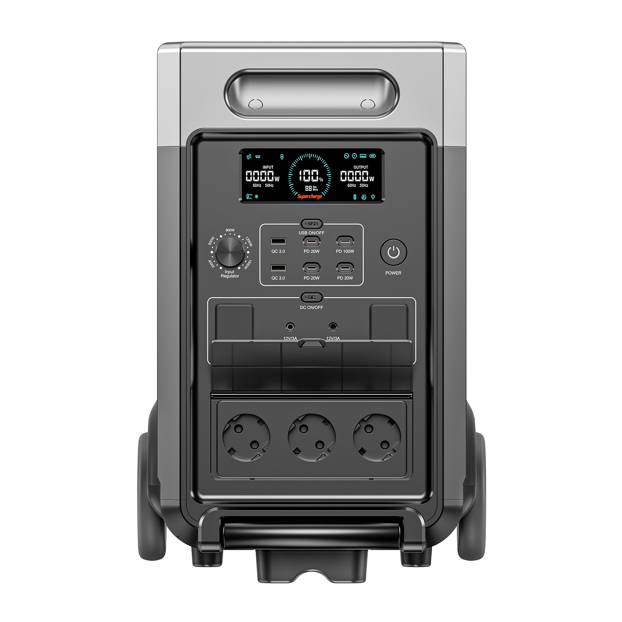 Die Vorderseite der AFERIY P310 Powerstation mit 3600 W und 3840 Wh zeigt ein LCD-Display, drei AC-Steckdosen, mehrere USB-Anschlüsse und den Regler für die Eingangsleistung.