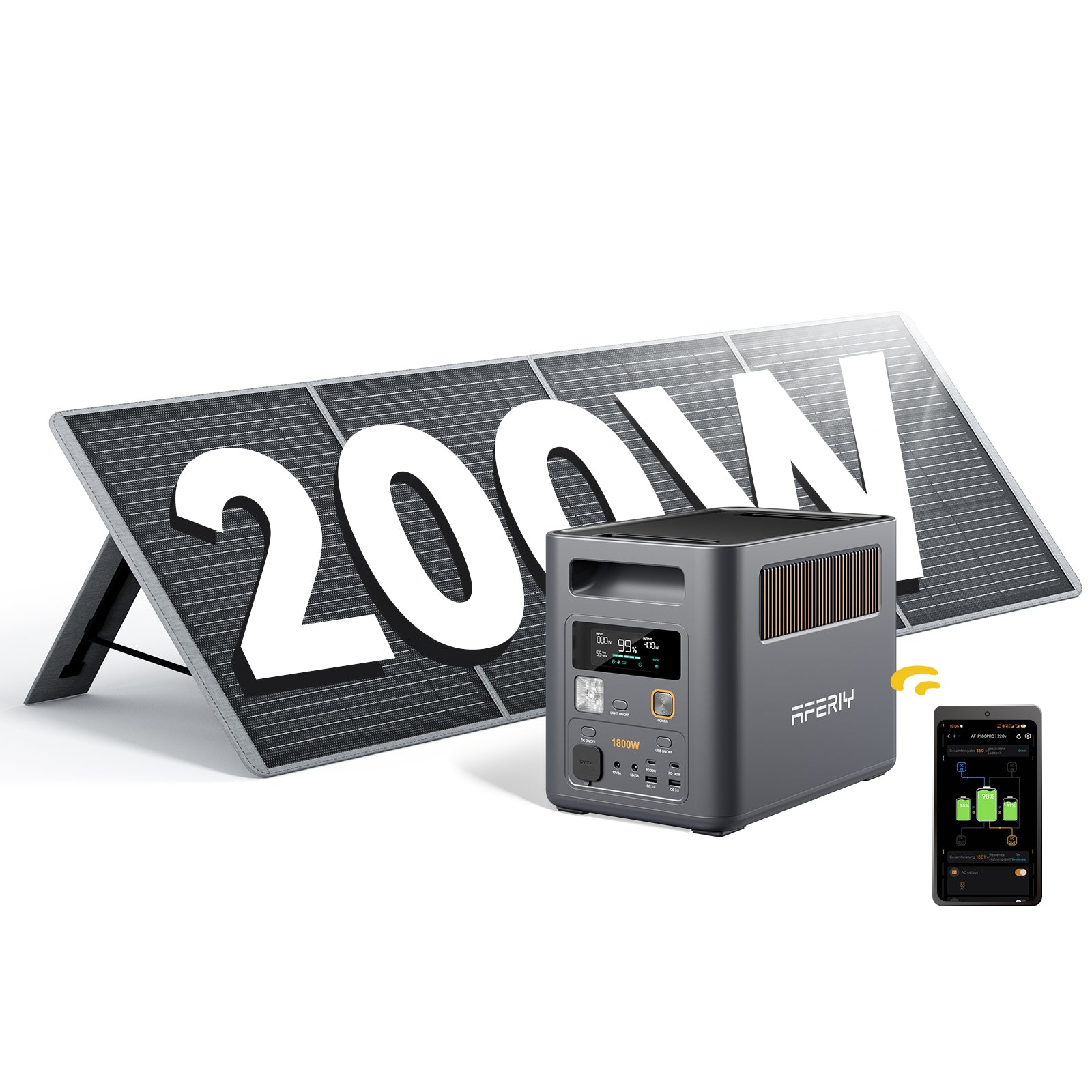 Mit einem 200-W-Solarpanel ermöglicht die AFERIY P180 Pro tragbare Powerstation mit 1800 W und 1024 Wh effizientes Solarladen und eine intelligente App-Steuerung.
