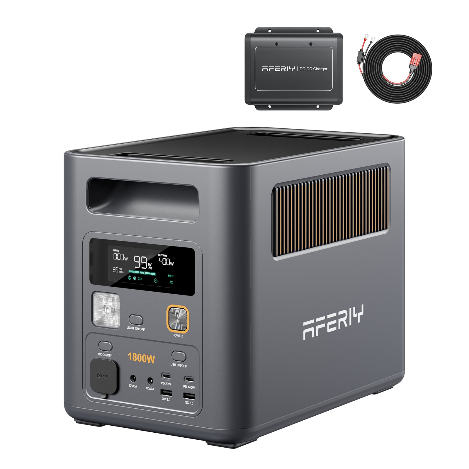 Die AFERIY P180 Pro tragbare Powerstation mit 1800 W und 1024 Wh ermöglicht zusammen mit dem AFERIY DC-DC Charger und Ladekabel flexibles Laden im Fahrzeug.