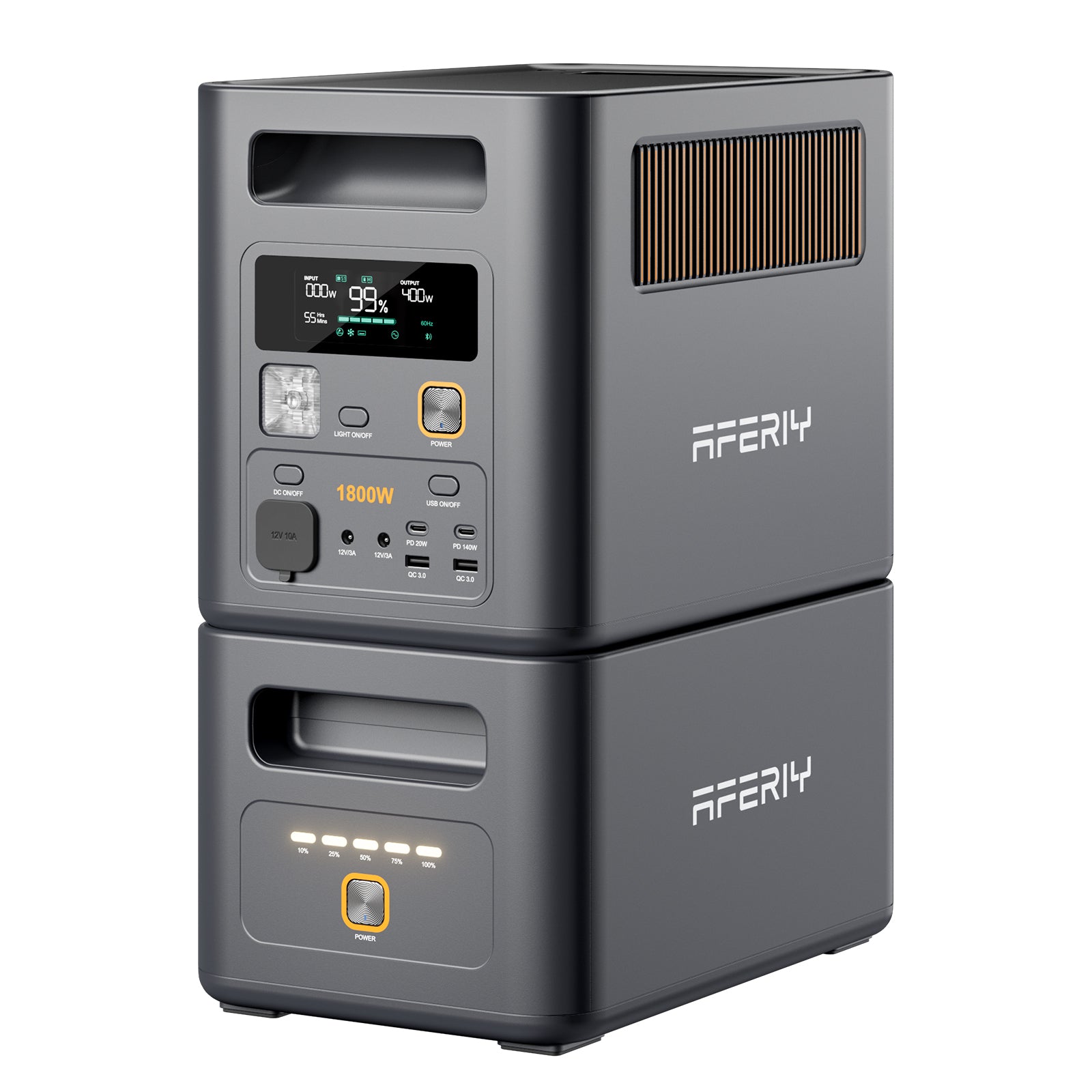 Die AFERIY P180 Pro tragbare Powerstation mit 1800 W und 1024 Wh lässt sich mit einem Erweiterungsakku erweitern, um die Speicherkapazität zu erhöhen.