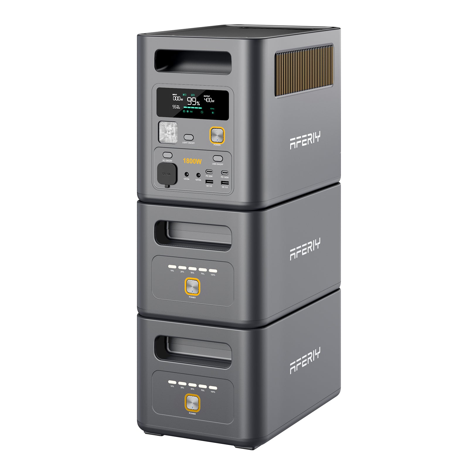 Mit zwei Erweiterungsakkus lässt sich die AFERIY P180 Pro tragbare Powerstation mit 1800 W und 1024 Wh erweitern und die Speicherkapazität erhöhen.