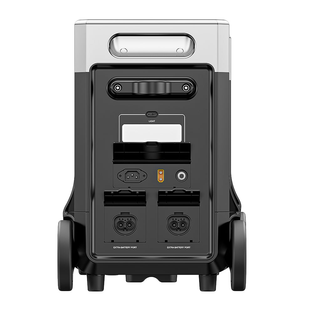 Die AFERIY P310 tragbare Powerstation mit 3600 W und 3840 Wh verfügt auf der Rückseite über geöffnete Abdeckungen für AC-Eingang, Solareingang und zwei Anschlüsse für Erweiterungsakkus.