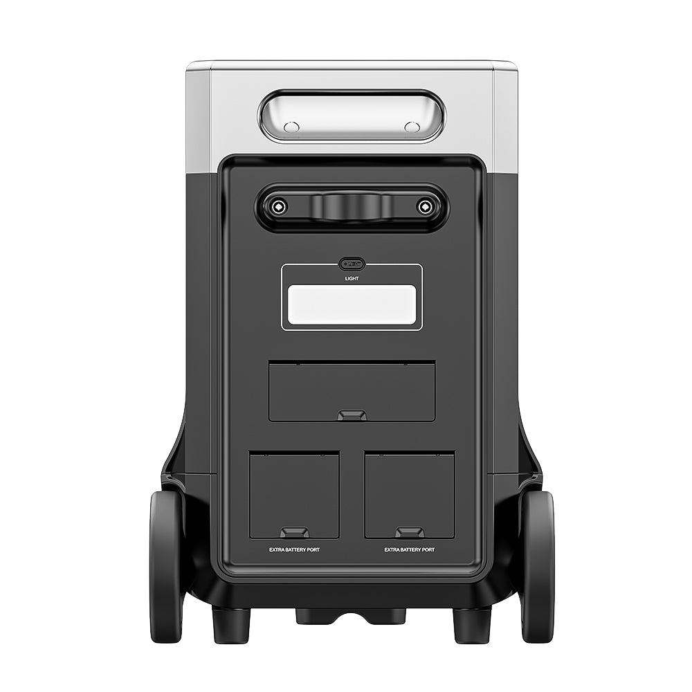 Auf der Rückseite der AFERIY P310 Powerstation mit 3600 W und 3840 Wh befinden sich das LED-Licht, der AC-Ladeanschluss und zwei Anschlüsse für Erweiterungsakkus.