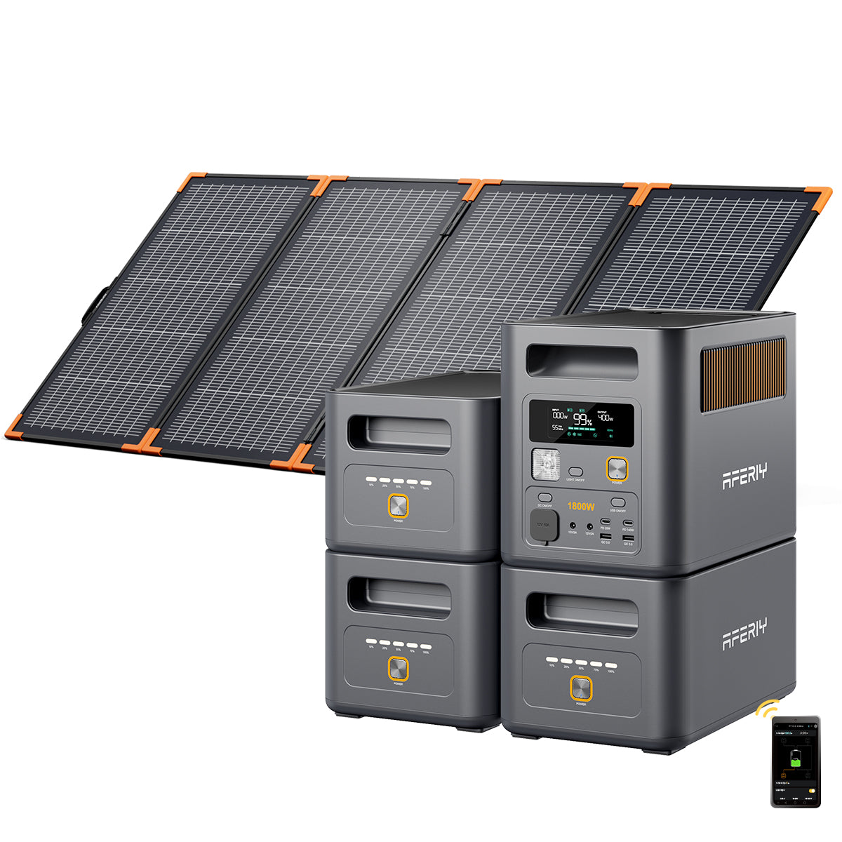 Die AFERIY P180 Pro tragbare Powerstation bietet mit drei Erweiterungsakkus und einem faltbaren 400-W-Solarpanel eine flexible Energielösung mit App-Steuerung.