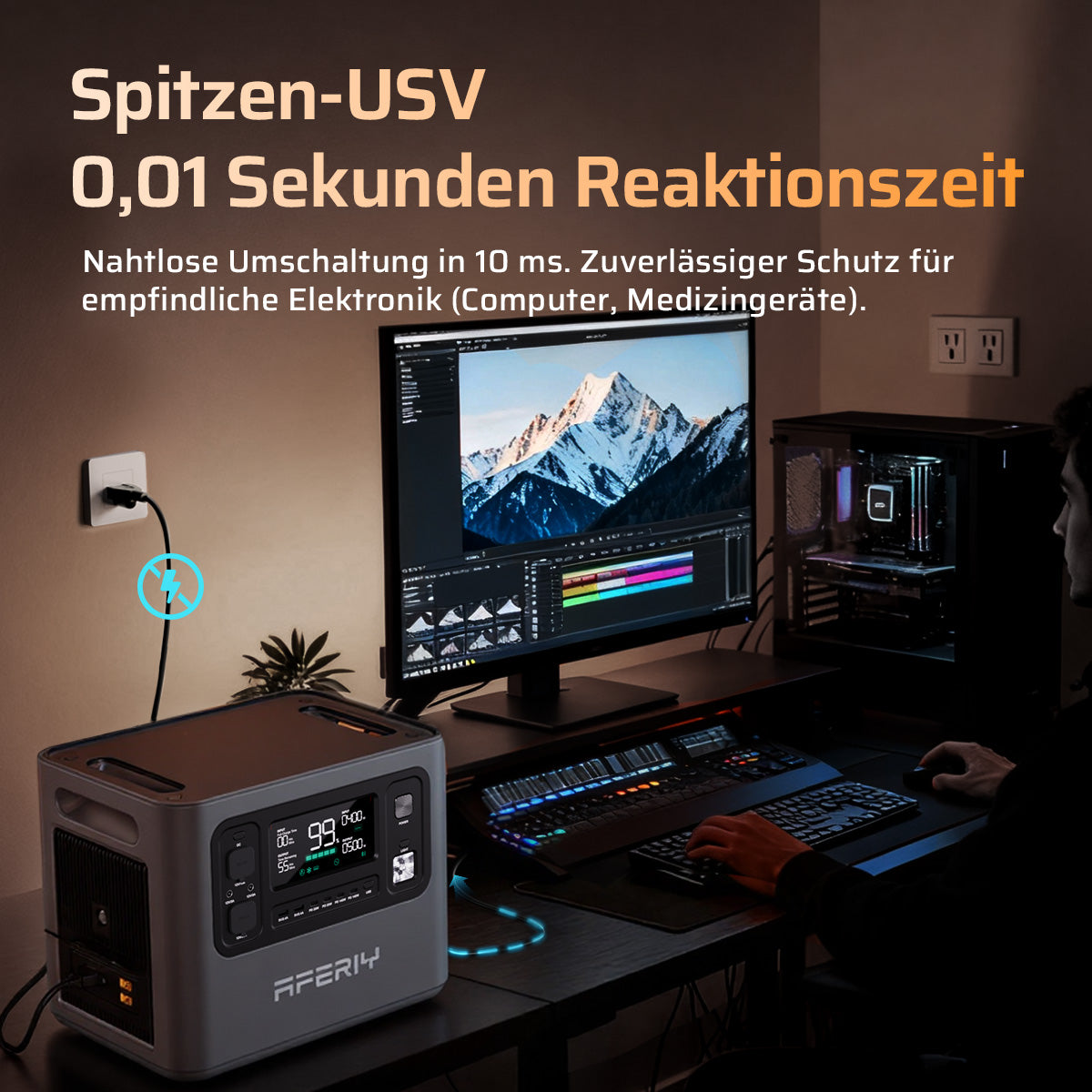 Die AFERIY P280 Tragbare Powerstation bietet 2.800 W Leistung, 2.048–10.240 Wh Kapazität und 10 ms USV-Umschaltung zum Schutz empfindlicher Elektronik.