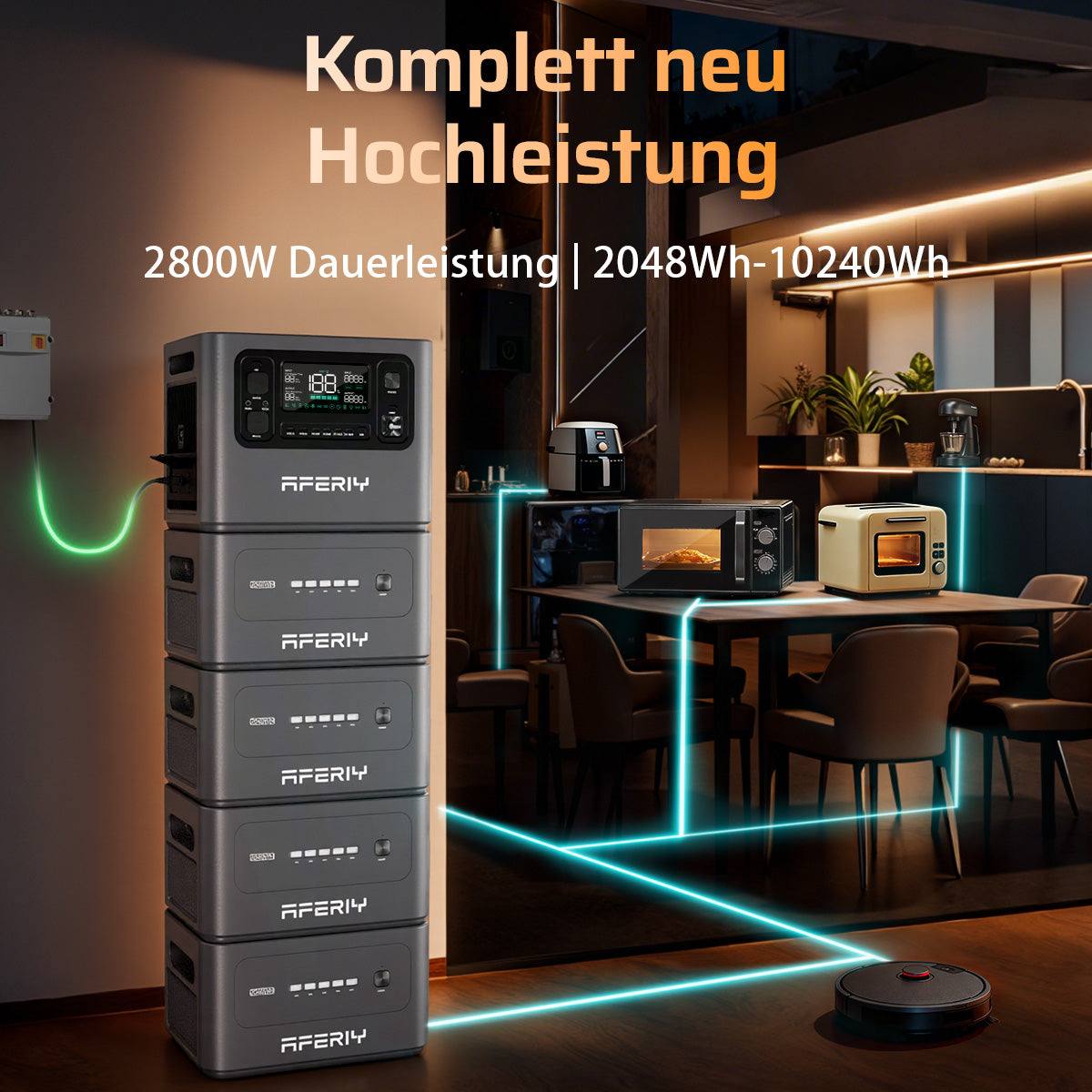 Die AFERIY P280 tragbare Powerstation mit 2800W Dauerleistung und erweiterbarer Kapazität von 2048Wh bis 10240Wh für Haushaltsgeräte.