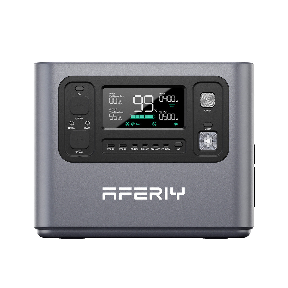 Das Anschlussfeld der AFERIY P280 tragbaren Powerstation verfügt über zwei DC-Eingänge, zwei 12-V/10-A-Ausgänge sowie je zwei USB-A- und USB-C-Ports mit bis zu 20 W bzw. 140 W.