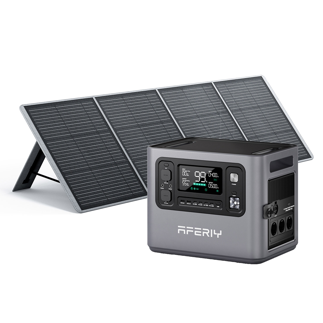 Die AFERIY P280 Powerstation mit 2.800 W Leistung und 2.048 Wh Kapazität unterstützt mobiles Solarladen über ein tragbares & faltbares 200-W-Solarpanel.