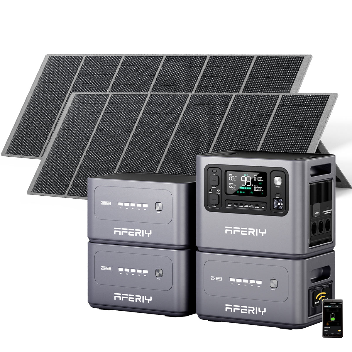 Die AFERIY P280 tragbare Powerstation mit 2.800 W Leistung wird durch zwei tragbare 400-W-Solarpanels, drei Erweiterungsakkus und App-Steuerung zu einer flexiblen Solarstromlösung erweitert.
