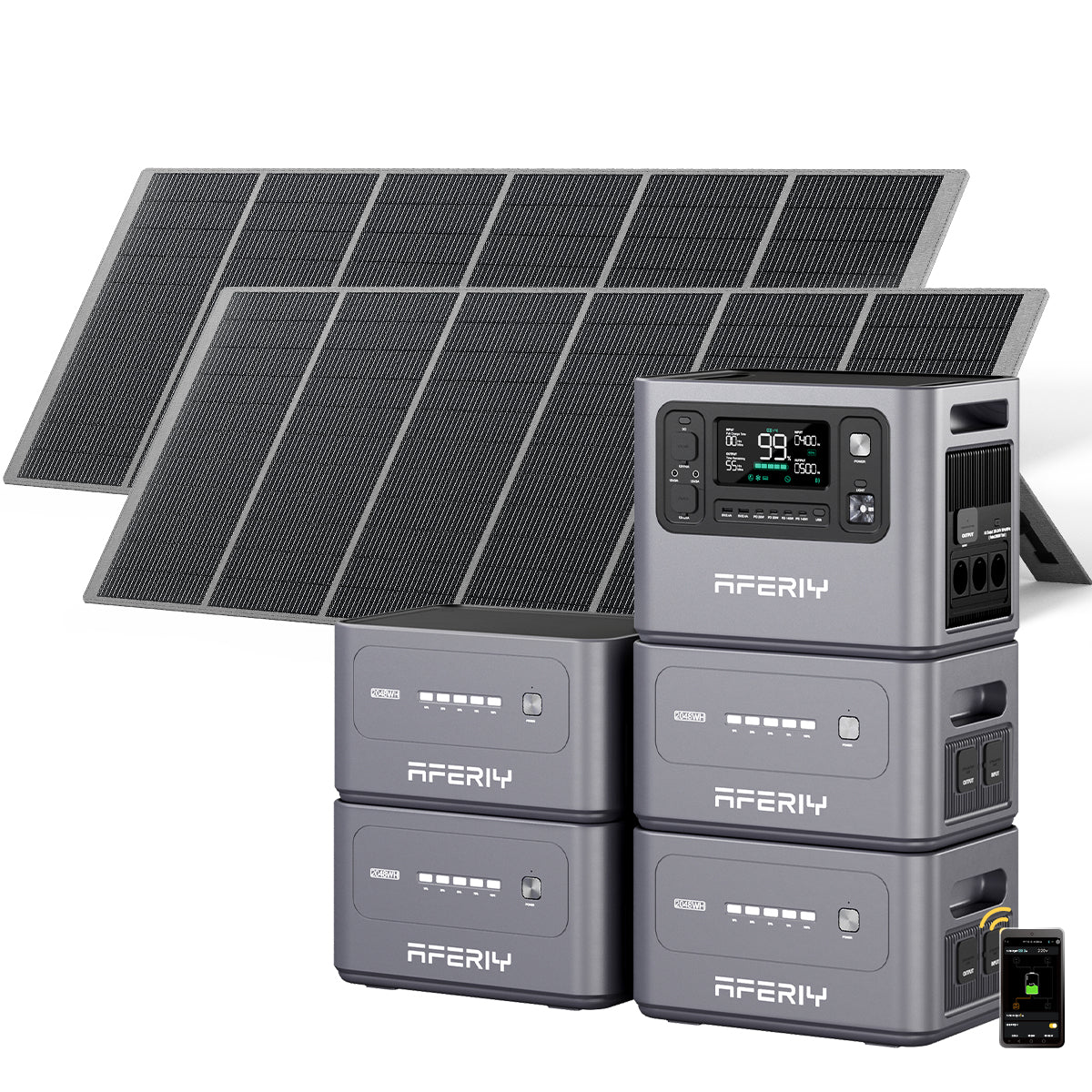 Die AFERIY P280 tragbare Powerstation wird durch vier Erweiterungsakkus, zwei 400-W-Solarpanels und App-Steuerung ergänzt und ermöglicht eine autarke Stromversorgung mit Solarenergie.