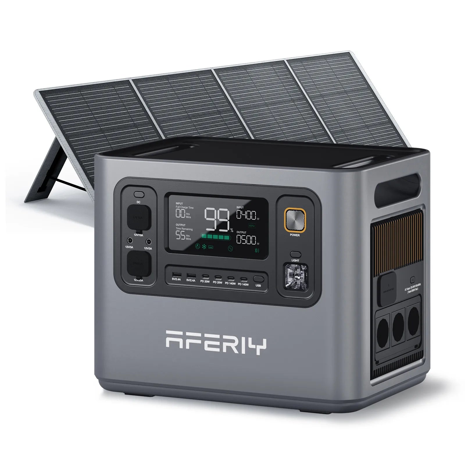 Die AFERIY Haven3000 P300 Tragbare Powerstation mit 3000 W kann mit einem 200 W faltbaren Solarpanel verbunden werden, um sie mit Solarenergie zu laden.