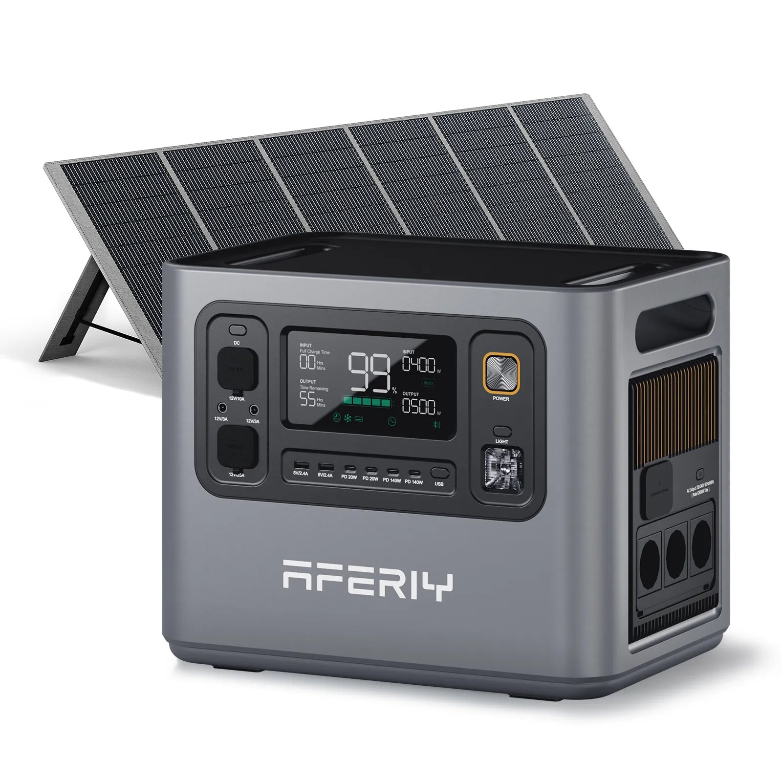 Mit einem 400 W faltbaren Solarpanel lässt sich die AFERIY Haven3000 P300 Tragbare Powerstation mit 3000 W und 2048 Wh verbinden und mit Solarenergie laden.