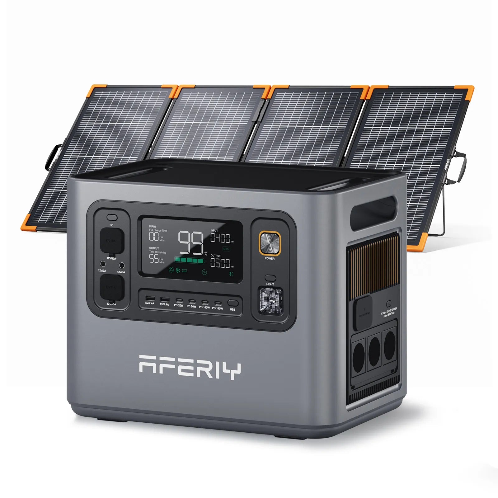 Die AFERIY Haven3000 P300 Tragbare Powerstation mit 3.000 W lässt sich mit einem faltbaren 400-W-Solarpanel solar aufladen.