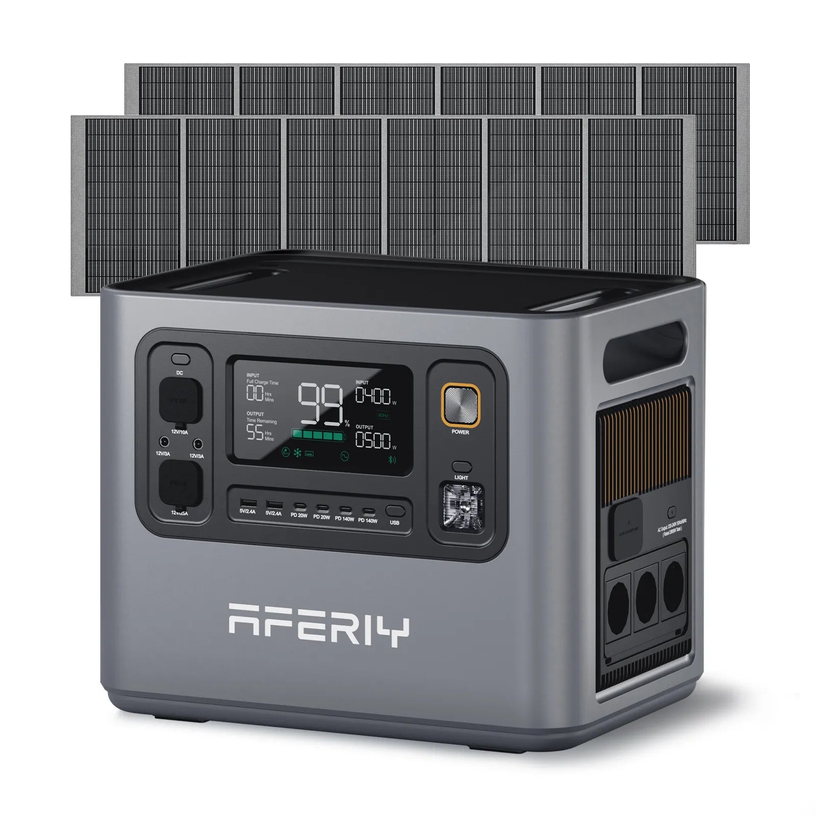 Über zwei faltbare 400-W-Solarpanels kann die AFERIY Haven3000 P300 Tragbare Powerstation mit 3000 W und 2048 Wh mit Solarenergie geladen werden.