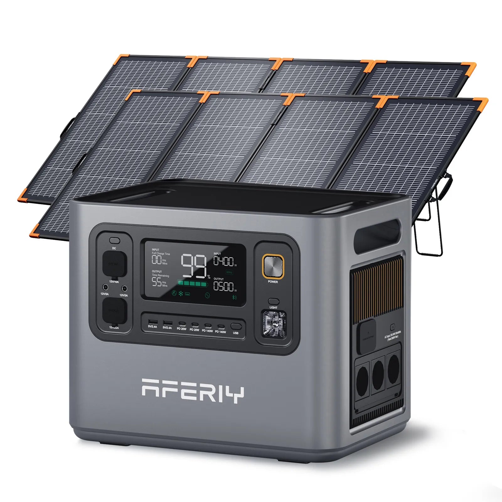 Die AFERIY Haven3000 P300 Tragbare Powerstation mit 3000 W und 2048 Wh lässt sich mit zwei faltbaren 400-W-Solarpanels verbinden und mit Solarenergie laden.