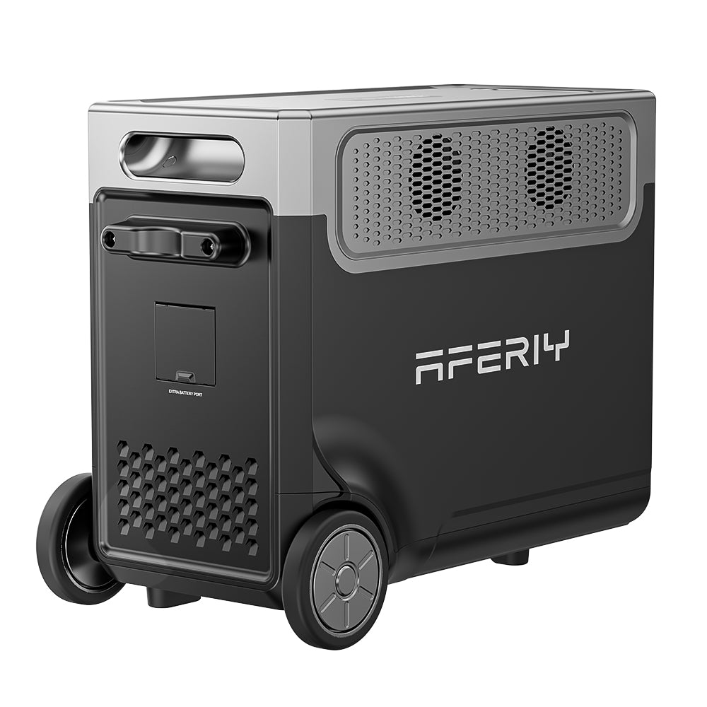 Der AFERIY Erweiterungsakku für die P310 Powerstation verfügt über integrierte Lüfter, robuste Transporträder und einen Anschlussport.