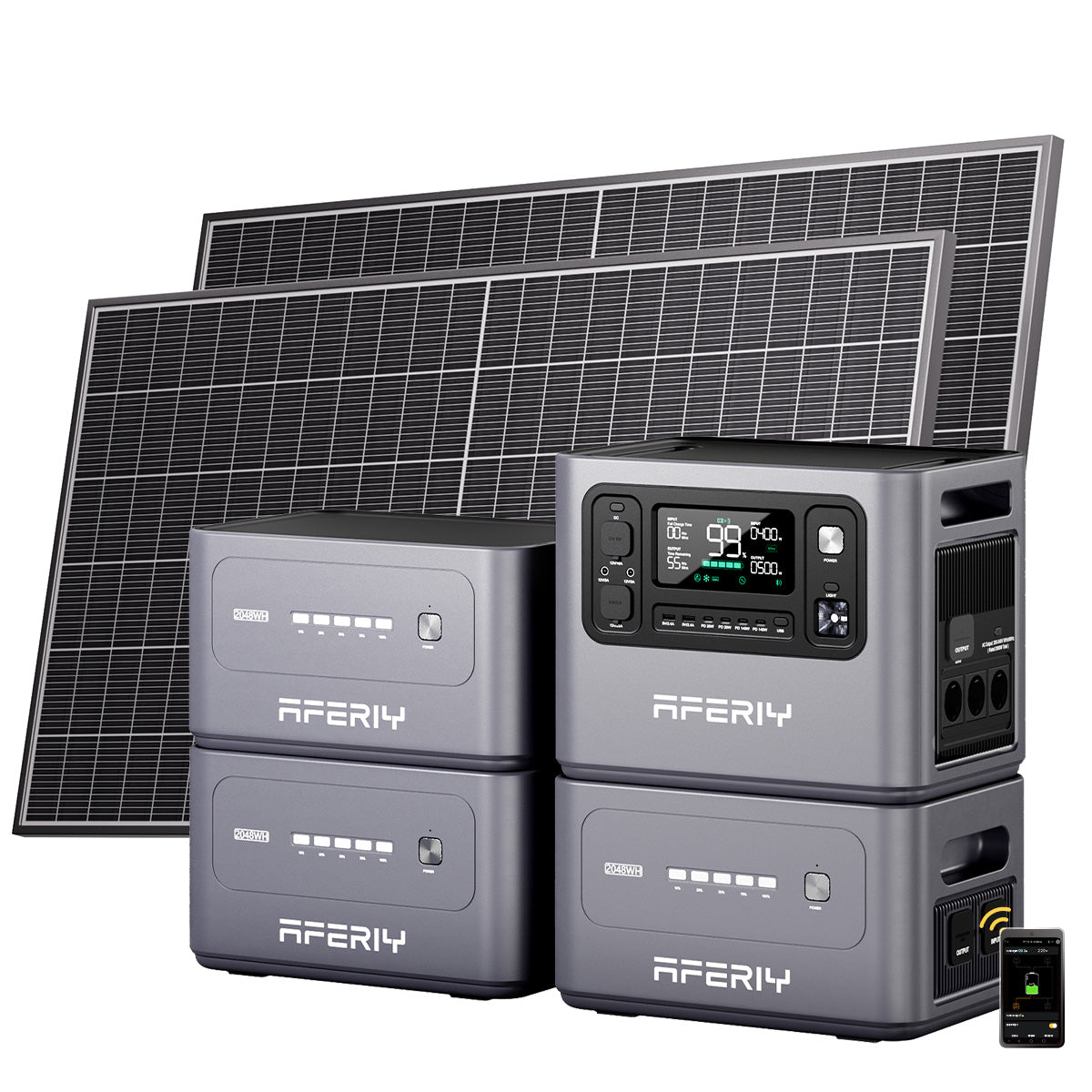 Drei Erweiterungsakkus, zwei 580-W-Solarpanels und App-Steuerung machen die AFERIY P280 tragbare Powerstation zu einer erweiterbaren Solarstromlösung.