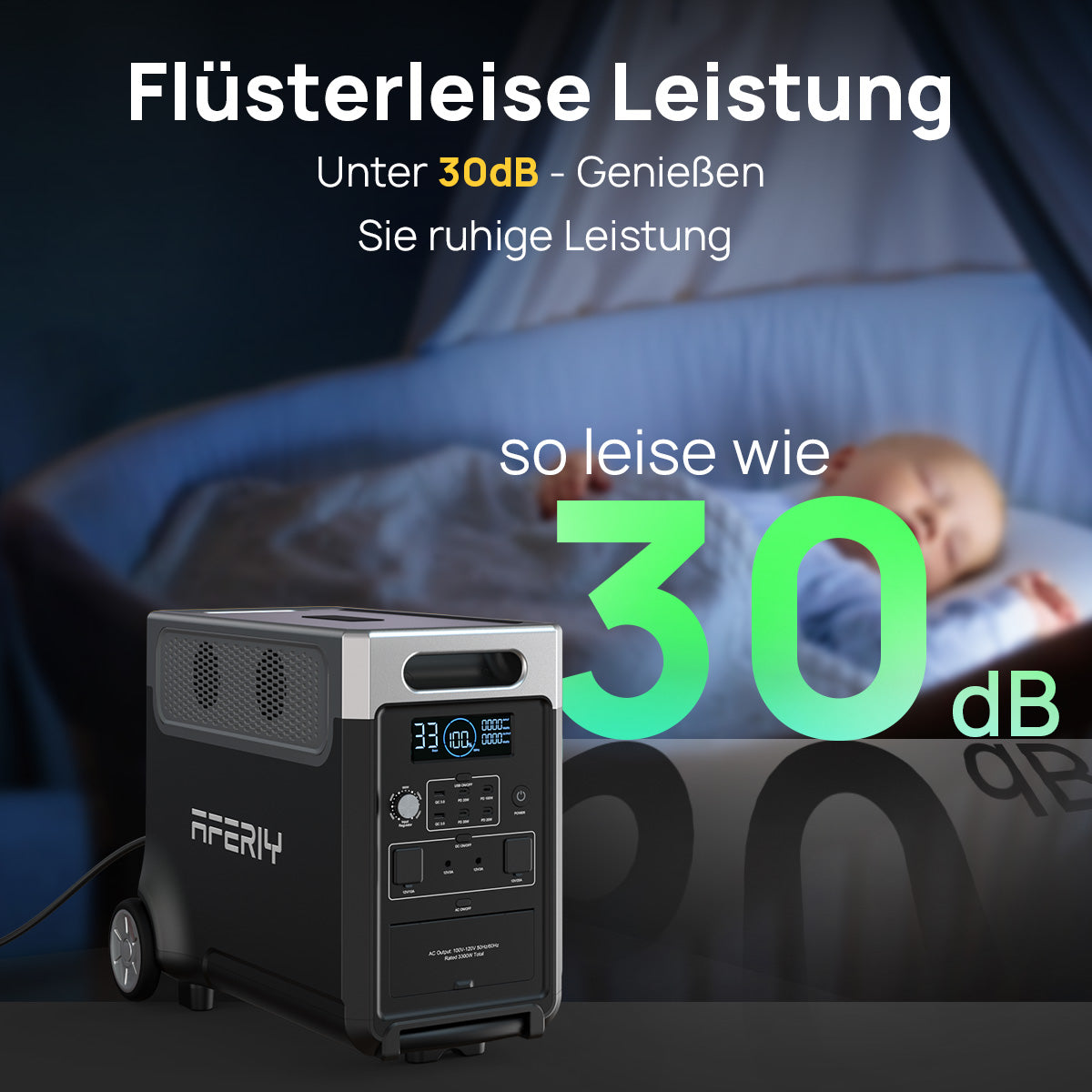 Die AFERIY P310 tragbare Powerstation mit 3600 W Leistung und 3840 Wh Kapazität arbeitet mit weniger als 30 dB besonders leise.