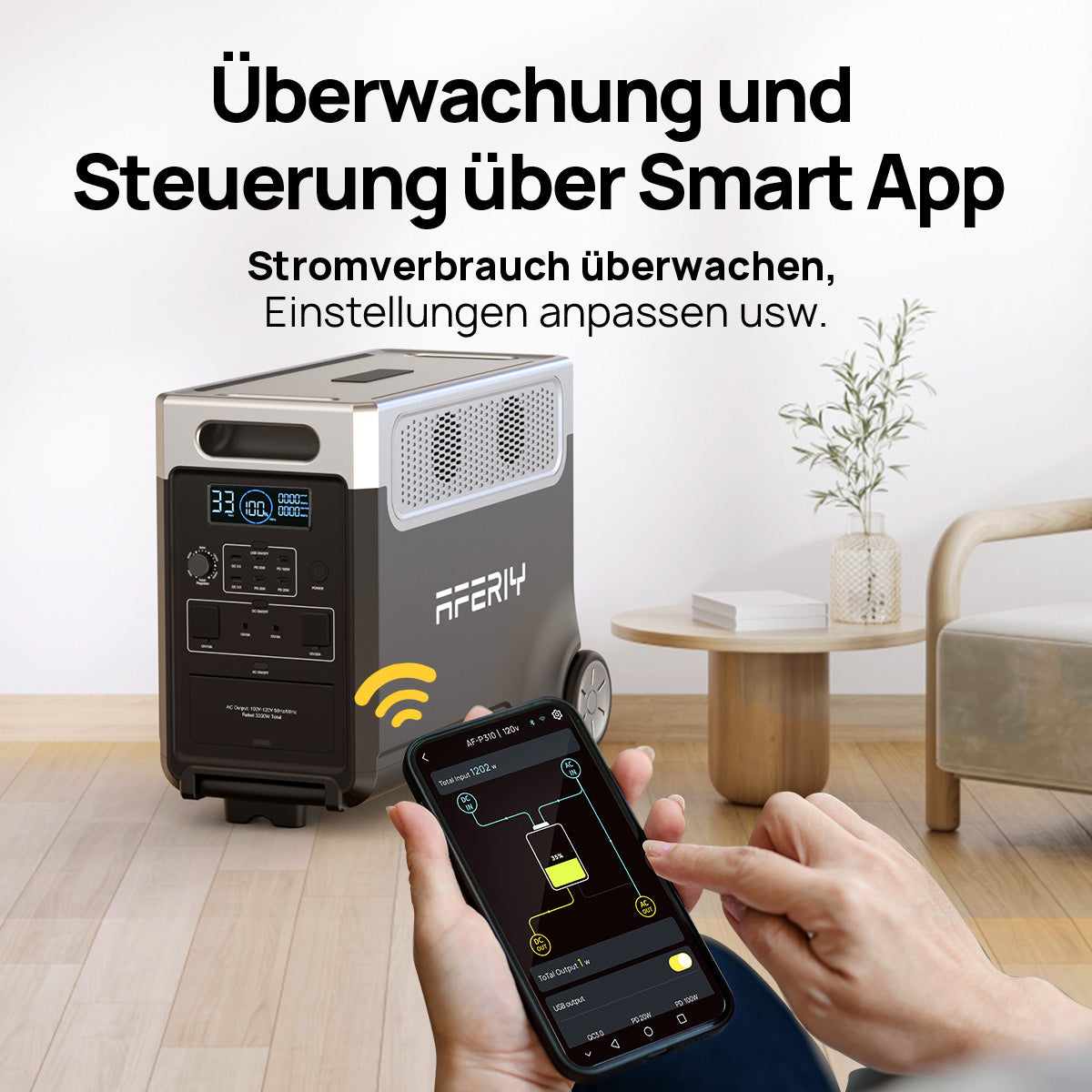 Die AFERIY P310 tragbare Powerstation mit 3600 W Leistung und 3840 Wh Kapazität lässt sich per Smart App intelligent steuern und überwachen.