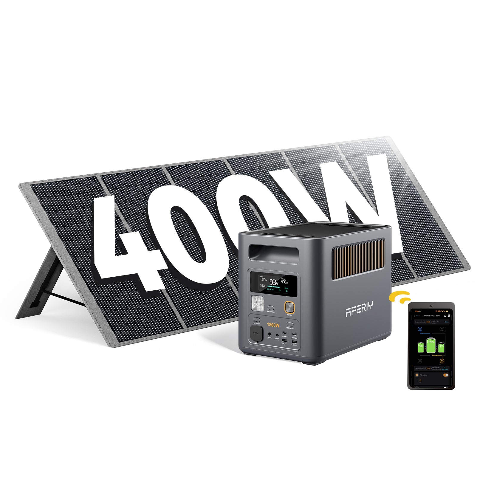 Die AFERIY P180 Pro tragbare Powerstation mit 1800 W und 1024 Wh ermöglicht mit einem 400-W-Solarpanel nachhaltiges Laden und eine intelligente App-Steuerung.