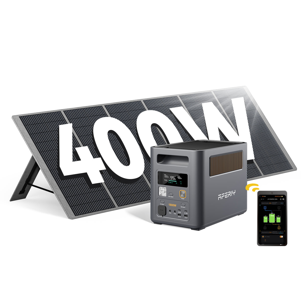 Die AFERIY P180 Pro tragbare Powerstation mit 1800 W und 1024 Wh ermöglicht mit einem 400-W-Solarpanel nachhaltiges Laden und eine intelligente App-Steuerung.