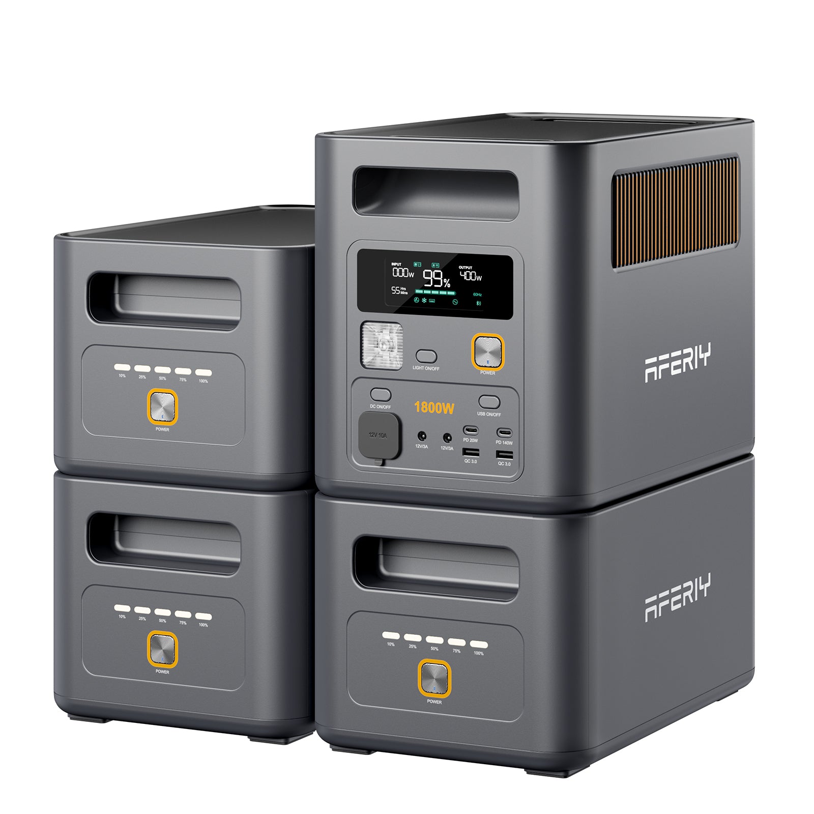 Die Speicherkapazität der AFERIY P180 Pro tragbaren Powerstation mit 1800 W und 1024 Wh lässt sich mit drei Zusatzakkus flexibel erweitern.
