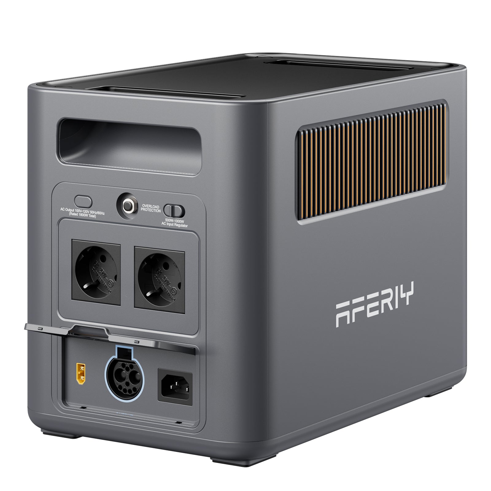 Mit zwei AC-Steckdosen, AC-Eingangsregler und Ladeanschlüssen bietet die AFERIY P180 Pro tragbare Powerstation vielseitige Anschlussmöglichkeiten.