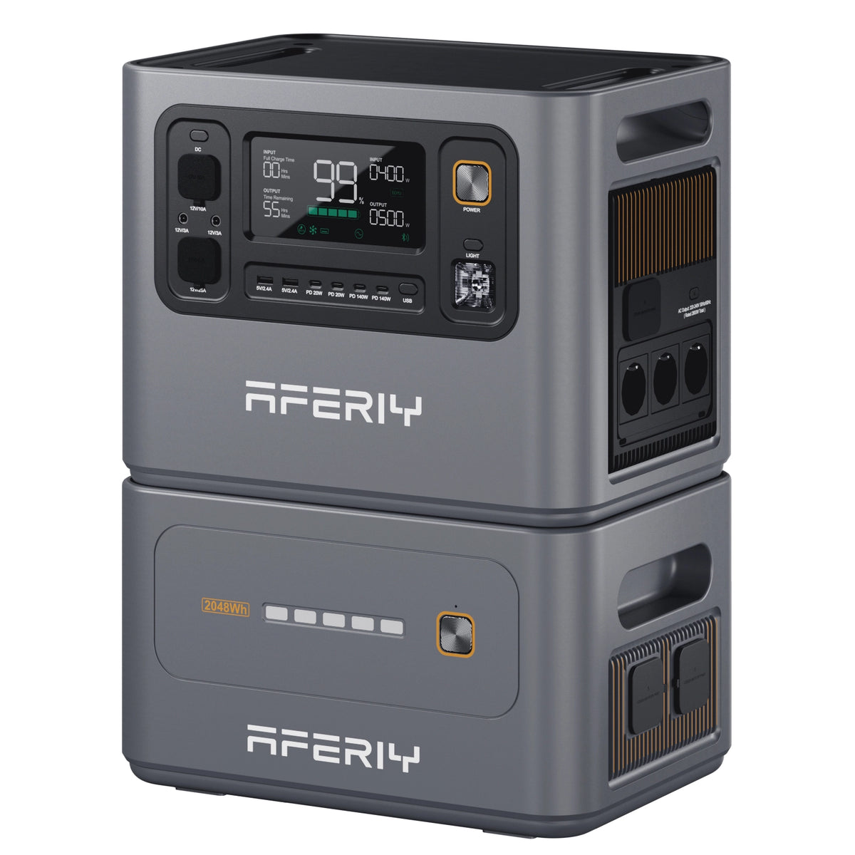 Die AFERIY Haven3000 P300 Tragbare Powerstation mit 3000 W und 2048 Wh ist mit einer Erweiterungsbatterie verbunden und kann ihre Kapazität auf 4096 Wh erweitern.