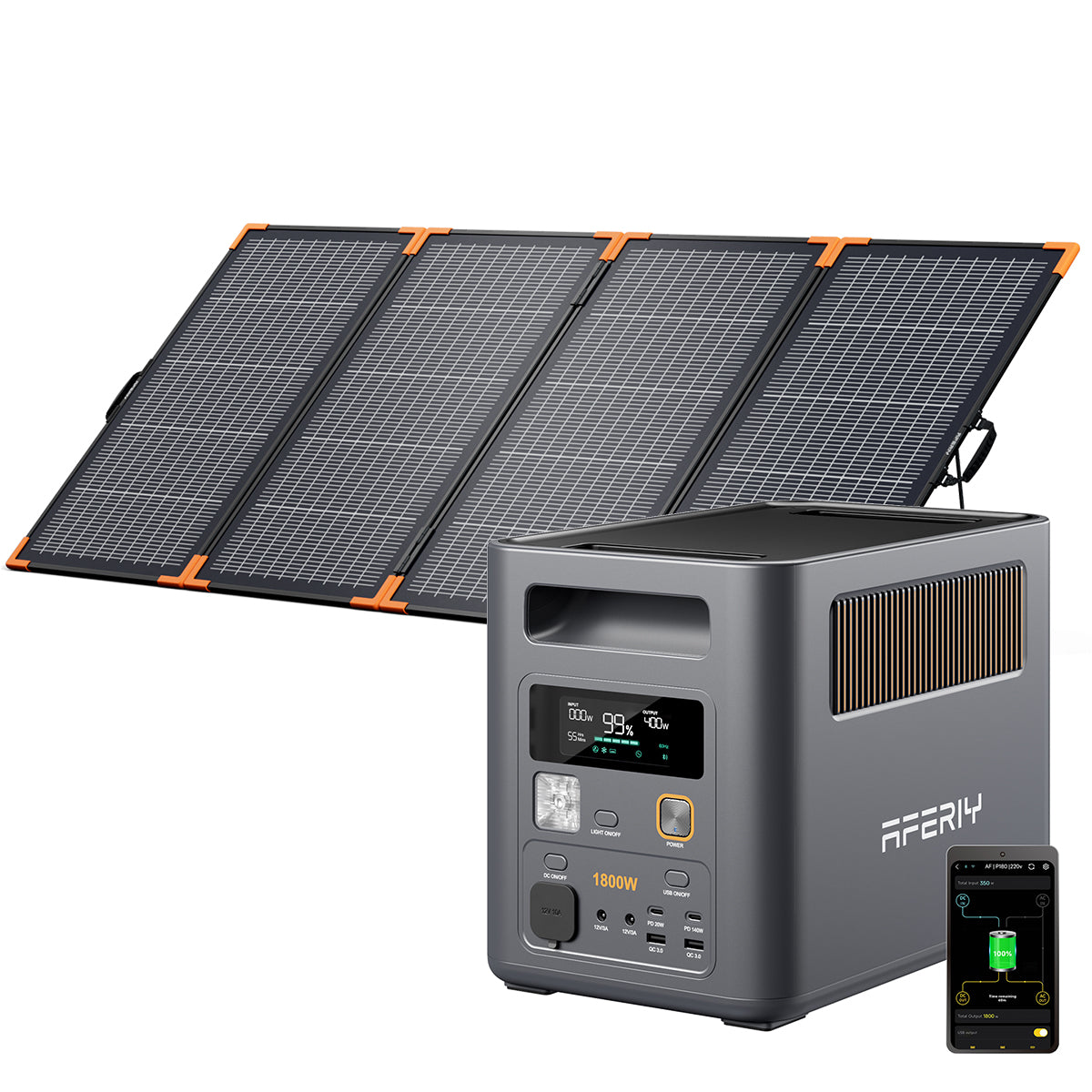 Die AFERIY P180 Pro tragbare Powerstation mit 1800 W ermöglicht mit einem faltbaren 400-W-Solarpanel umweltfreundliches Solarladen und eine intelligente App-Steuerung.