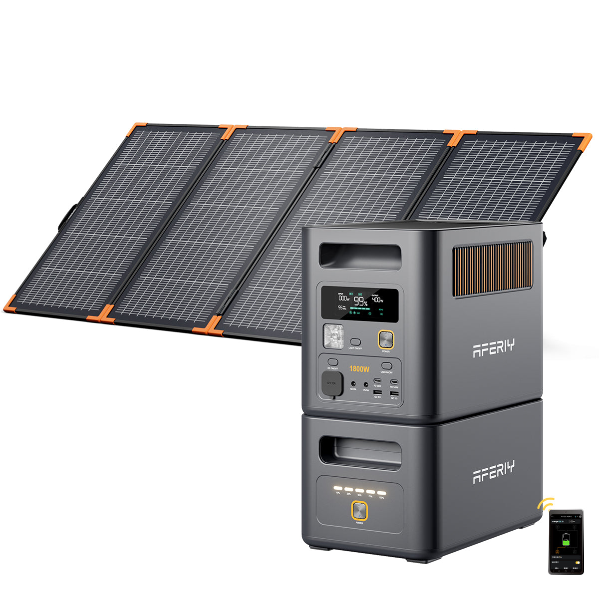 Die AFERIY P180 Pro tragbare Powerstation ermöglicht mit einem Zusatzakku und einem faltbaren 400-W-Solarpanel nachhaltiges Laden und bietet App-Steuerung.