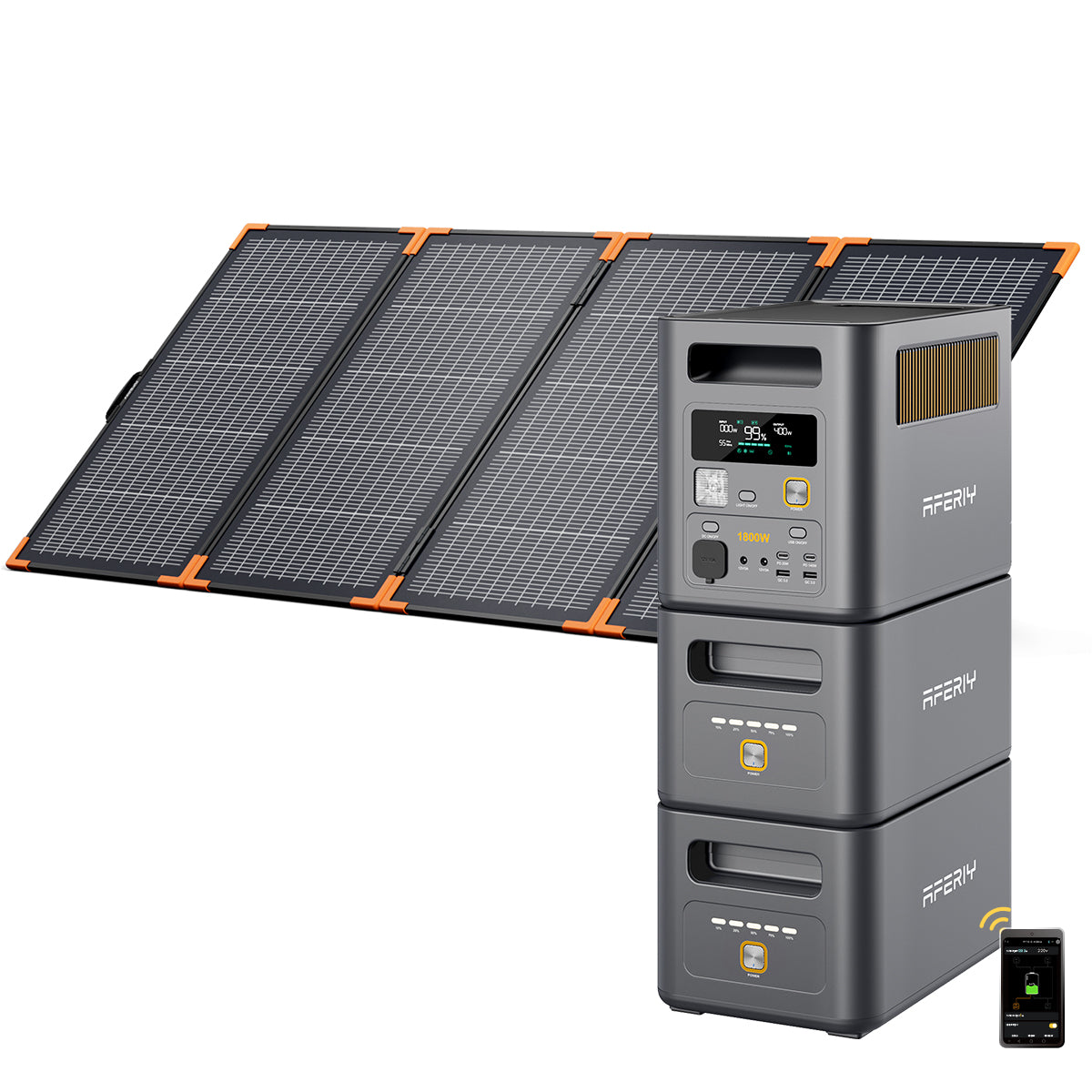 Mit zwei Erweiterungsakkus und einem faltbaren 400-W-Solarpanel lädt die AFERIY P180 Pro tragbare Powerstation mit 1800 W und 1024 Wh nachhaltig und lässt sich per App steuern.