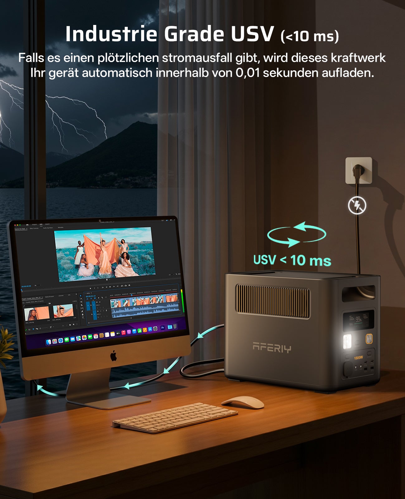 Die AFERIY P180 Pro tragbare Powerstation mit 1800 W bietet eine USV mit unter 10 ms Umschaltzeit für zuverlässige Notstromversorgung bei Stromausfällen.