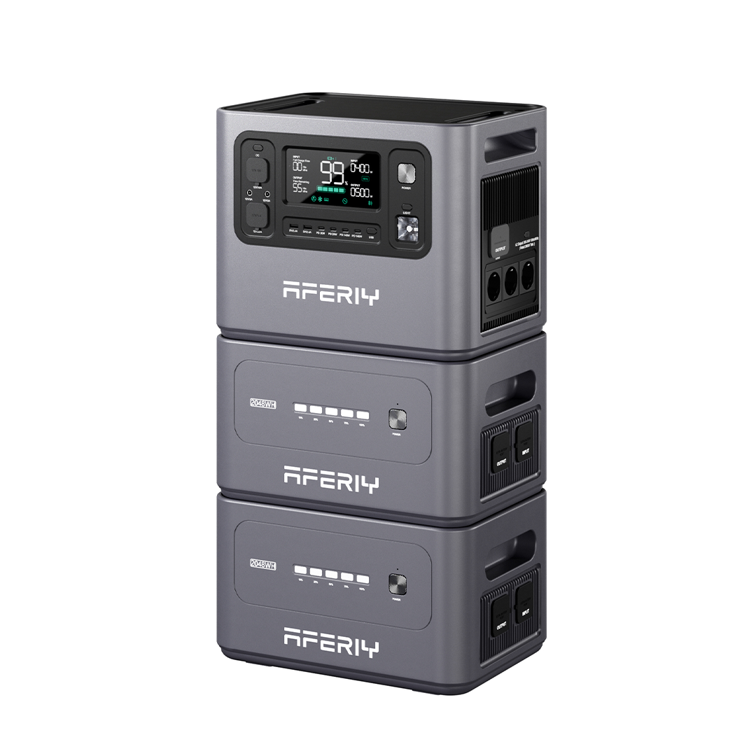 Die tragbare Powerstation AFERIY P280 (2.800 W, 2.048–10.240 Wh) mit zwei Zusatzakkus bietet eine erweiterbare Speicherkapazität.