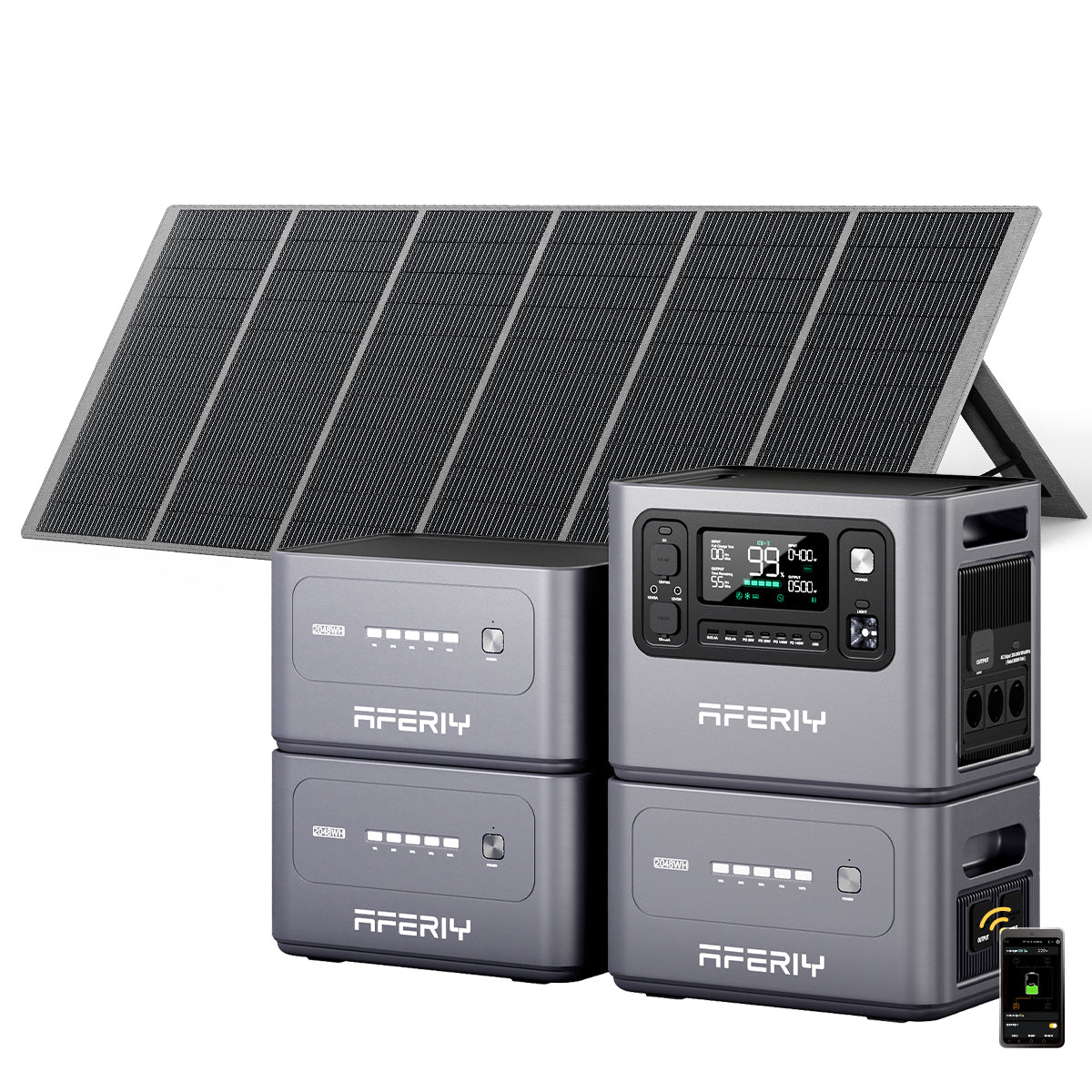 Zusammen mit drei Zusatzakkus, einem tragbaren 400-W-Solarpanel und App-Steuerung per Smartphone ermöglicht die AFERIY P280 tragbare Powerstation flexibles Solarladen.