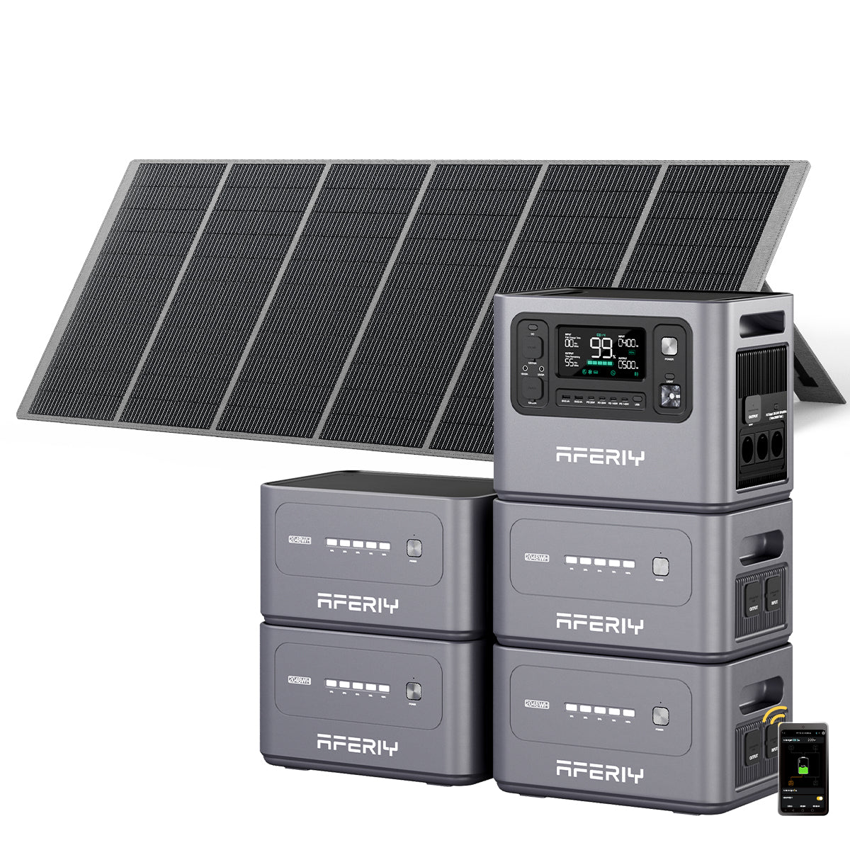 Vier Zusatzakkus, ein 400-W-Solarpanel und App-Steuerung per Smartphone machen die AFERIY P280 tragbare Powerstation zu einer flexiblen Lösung für mobiles Solarladen.