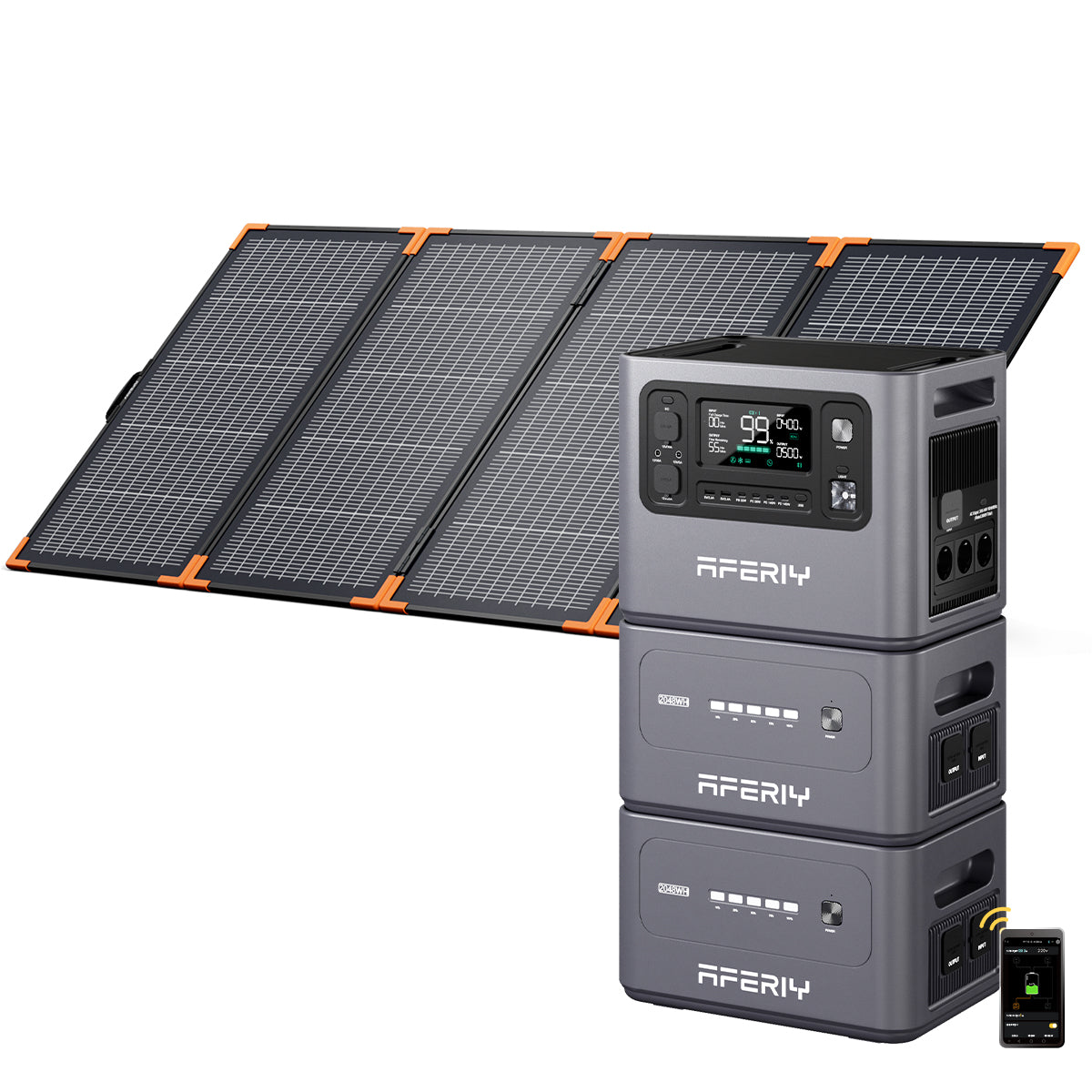 Die Kombination aus zwei Erweiterungsakkus, einem faltbaren 400-W-Solarpanel und App-Steuerung macht die AFERIY P280 tragbare Powerstation zu einer flexiblen Solarstromlösung.