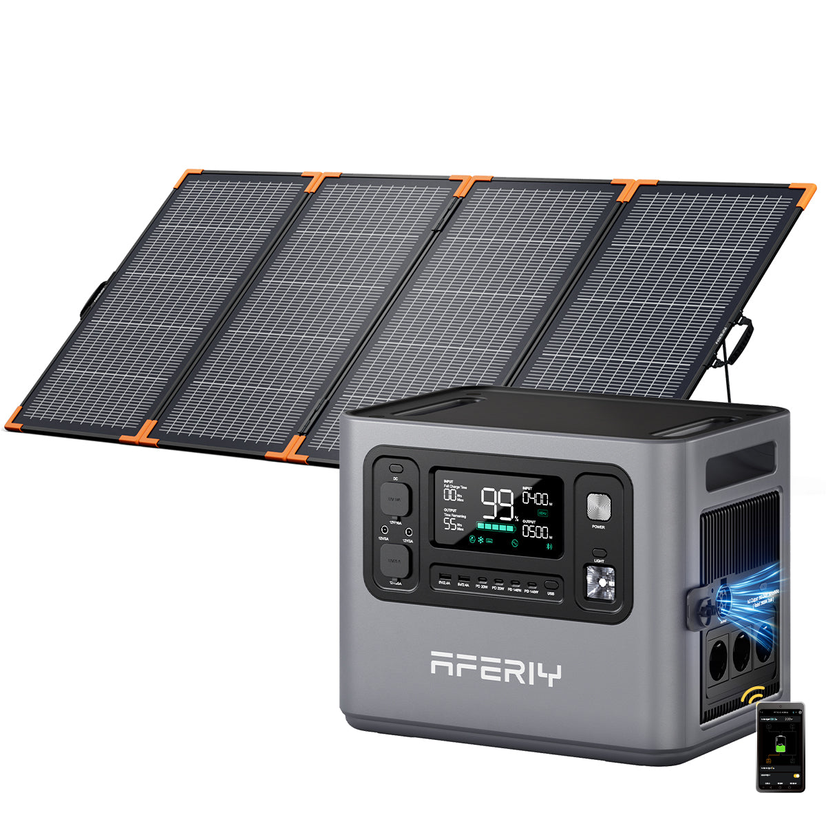 Die AFERIY P280 tragbare Powerstation 2.800 W mit einem faltbaren 400-W-Solarpanel und App-Steuerung ermöglicht mobiles Solarladen.