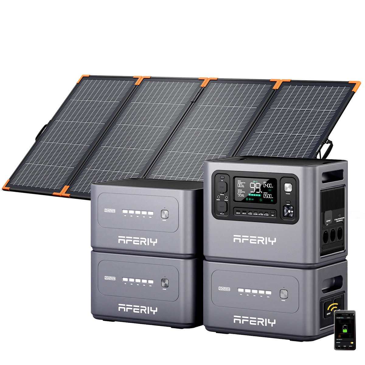 Als erweiterbare Energielösung vereint die AFERIY P280 tragbare Powerstation 2.800 W drei Zusatzakkus, ein faltbares 400-W-Solarpanel und App-Steuerung.