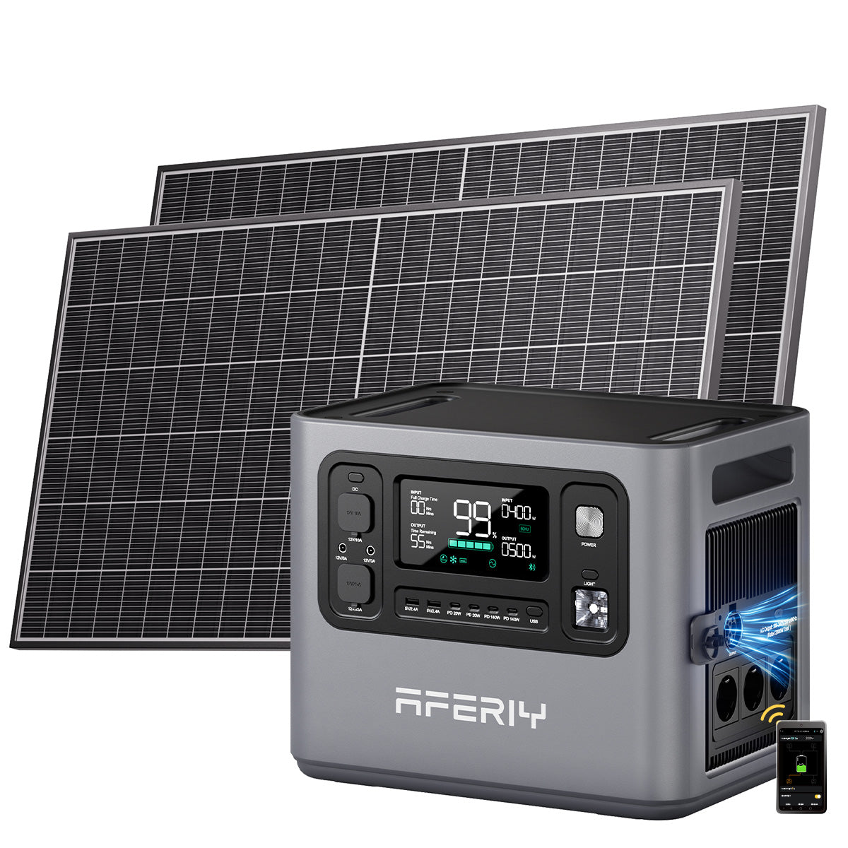 Mit zwei 580-W-Solarpanels und App-Steuerung bietet die AFERIY P280 tragbare Powerstation (2.800 W, 2.048 Wh) flexible Solarstromversorgung.