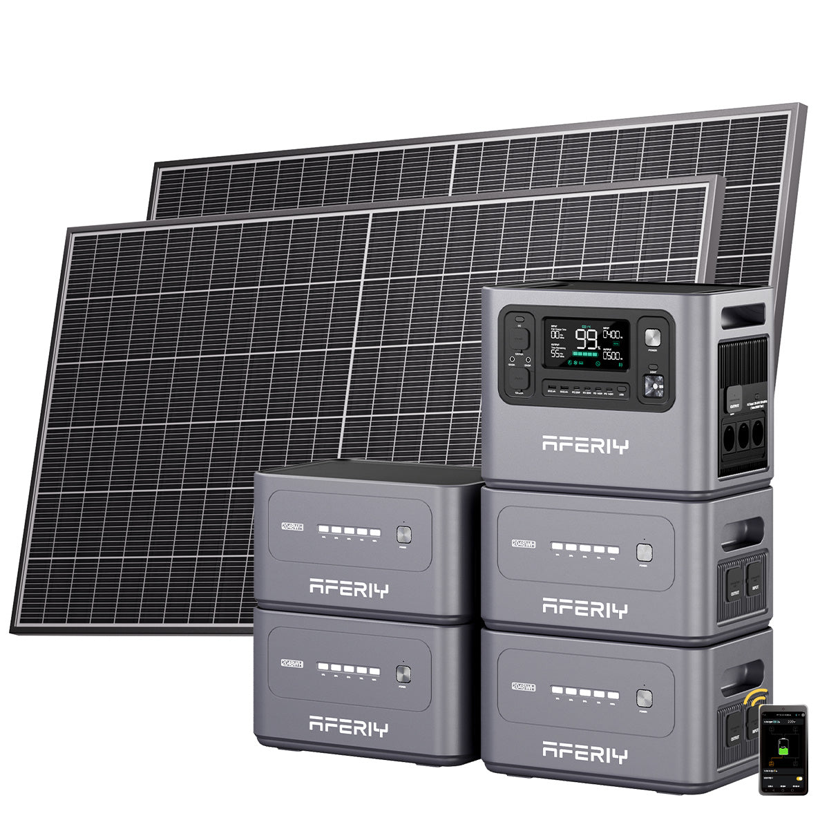 Vier Zusatzakkus ergänzen die AFERIY P280 tragbare Powerstation zusammen mit zwei 580-W-Solarpanels und App-Steuerung für flexible Solarstromversorgung.